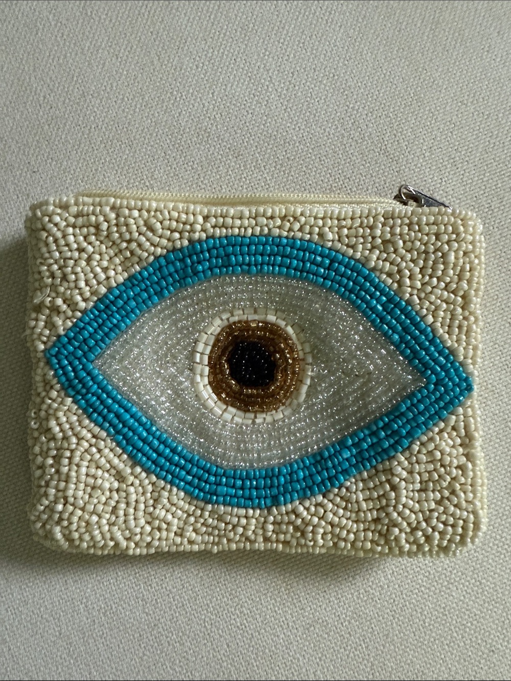 Beaded Eye Coin Purse - Cream and Turquoise
